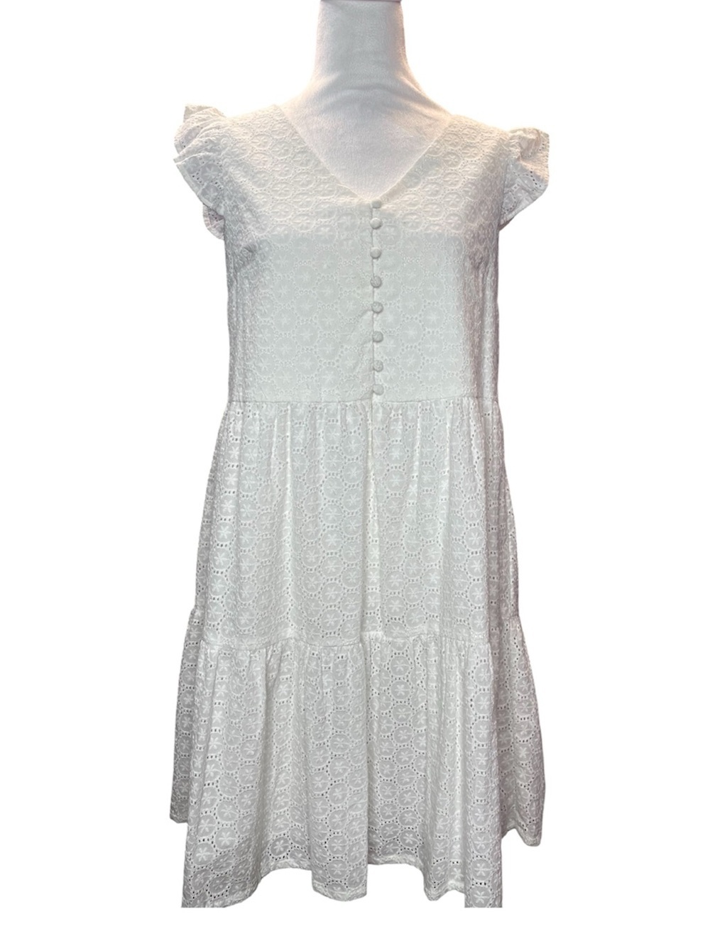 NWT Boho White Eyelet Babydoll Dress Flutter Sleeves Cottagecore Beach XSmall - Picture 3 of 14